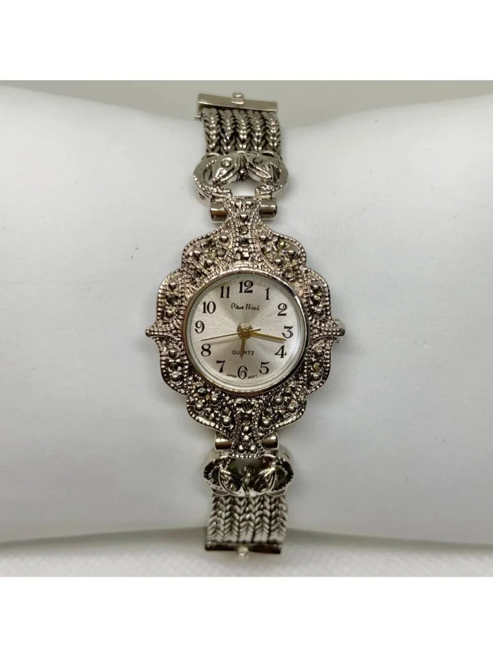 Pierre Nicol Marcasite silver tone women’s watch  23mm quartz 7.5” running